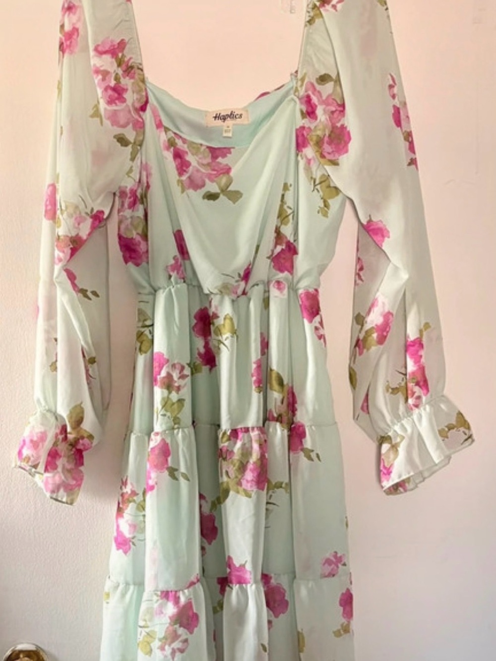 Mint Green Floral Tiered Dress with Pink Roses